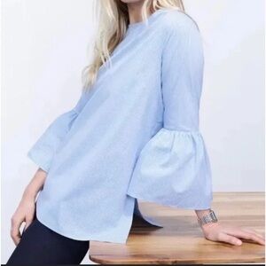 EUC Gibson Bell-Sleeve Blue & White  Striped Poplin Top